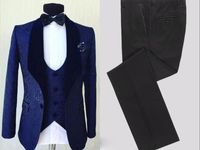 Wholesale New Real picture One Button Blue Pattern Wedding Groom Tuxedos Shawl Lapel Groomsmen Mens Dinner Blazer Suits Jacket Pants Vest Tie