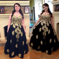 Wholesale Black Plus Size Prom Dresses Sweetheart aline Gold Appliques Long Evening Gowns For Fat Women Sexy Special Occasion Formal Dress Classy