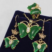 Wholesale Jewelry K GP butterfly green jade pendant Necklace earrings ring set lt lt lt