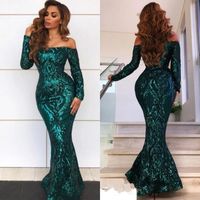 Wholesale Vintage Arabic Style Emerald Green Mermaid Evening Dresses Sexy Off Shoulders Elegant Long Prom Gowns Lace Sequined Pageant Wears BC0703