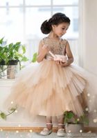 Wholesale Latest Champagne Flower Girl Dresses Sequined Jewel Neck Toddler Pageant Gowns Tulle Tea Length Tiered Kids Prom Dresses Formal Wear