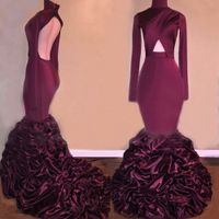 Wholesale Long Prom Dresses Gorgeous High Neck Cut Out Front Mermaid Long Sleeve African Backless Burgundy Pleated evening dress wear