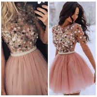 Wholesale Long Sleeves Sheer Beaded Pearls Homecoming Dresses Short Mini Floral Appliques Vestidos De Special Occasion Party Gowns Junior Graduations