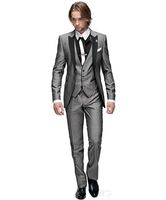 Wholesale Custom Made Groom Tuxedos Light Grey Peak Black Lapel Best man Groomsman Men Wedding Suits Prom Form Bridegroom Jacket Pants Vest
