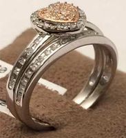Wholesale Princess cut Silver Heart Tow Tone kt Rose Gold Heart Shape Pave Diamonds Bridal Engagement Ring Set Wedding Band Size