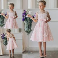 Wholesale Flower Girls Dresses For Weddings Jewel Neck White Lace Appliques Lilac Sweep Train Birthday Children Communion Girl Pageant Gowns