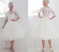 Wholesale 1950 s Style Short Wedding Dresses Bateau Lace Ribbon Illusion Back Beach Spring Tea Length Bridal Gowns Lace with Half Sleeves
