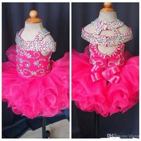 Wholesale Cute Infant Mini Short Skirts Toddler Girls Ruffles Flower Girls Dress Baby Girls Glitz Crystal Beaded Pageant Cupcake Gowns Real Photo