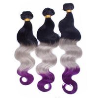 Wholesale Black Roots Grey and Purple Ombre Virgin Indian Human Hair Weave Wefts Body Wave B Grey Purple Tone Ombre Human Hair Bundles Deals