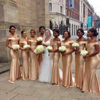 Wholesale African Off The Shoulder Mermaid Bridesmaids Dresses Maid of Honor Dress Gold Sleeveless Sexy Black Girl Floor Length Wedding Guest Dress