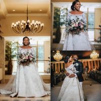 Wholesale 2020 Luxury Off Shoulder A line Wedding Dresses African Plus Size Open Back Lace Appliqued Bridal Gown Custom Made