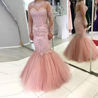 Wholesale Elegant Pink Lace Mermaid Long Evening Dresses Long Sleeve Covered Button Jewel Neck Semi Illusion Back Formal Prom Party Gowns Plus Size