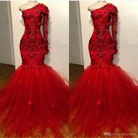 Wholesale 2020 Vintage Red One Shoulder Tulle Prom Gown luxury sparkly Elegant D floral Long Sleeves Appliques Mermaid Prom Evening Dresses