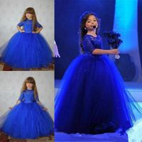 Wholesale Royal Blue Ball Gown Flower Girl Dresses Half Sleeve Lace Appliques Tulle Sweet Kids Formal Pageant Girl Dresses