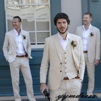 Wholesale Beige Beach Wedding Tuxedos Linen Men Suits Bestmen Summer Marriage Groom Wear Tuxedos Three Piece Jacket Pant Vest