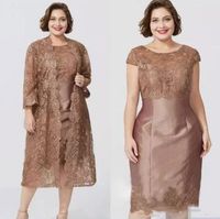 Wholesale 2020 Modern Brown Short Sleeves Sheath Mother s Dresses with Full Lace Jacket Elegant Tea Length Mother of the Bride Dress Custom Made
