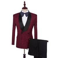 Wholesale Wine Red Men Suits Printed Burgundy Pattern Wedding Suits Bridegroom Groom Custom Made Tuxedos Blazer Slim Fit Casual Best Man Prom Pieces