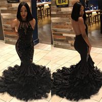Wholesale Black Girl Sexy Backless Mermaid Long Prom Dresses Halter Illusion Tulle Applique Beaded Feather Layers Sweep Train Evening Gowns BC1273