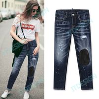 Wholesale Sexy Jeans Girl Painted Patches Bleach Wash Fade Skinny Fit Fashion Design Denim Pants For Lady