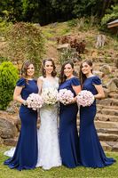 Wholesale Navy Blue Sheath Cap Sleeves Bridesmaid Dresses Cheap Open Back Wedding Guest Gown Plus Size Prom Evening Party Gown Maid Of Honor Wear