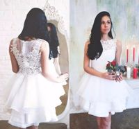 Wholesale Pretty Lace Wedding Dresses Knee Length Country A Line Jewel Neck Button Covered Back Organza Tiered Ruffles Bridal Gowns Uk Short novia