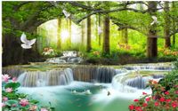 Wholesale 3d mural beautiful scenery wallpapers green big tree forest waterfall landscape wallpapers background wall