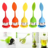 Wholesale 8 Color Sweet Leaf tea infuser silicone Reusable Strainer with Drop Tray Novelty tea bag Herbal Spice Filter infusores c473