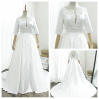 Wholesale Exquisite Scoop White plus size african wedding dresses Satin A Line Wedding Gown Half Sleeve Pearls Beading vestidos de novia de saten