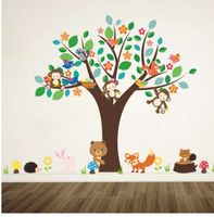 Wholesale forest animals monkey play under flower tree wall sticker for kids baby nursery children room decorations decor home decal
