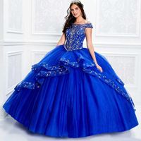 Wholesale 2020 Royal Blue Quinceanera Dresses Off Shoulder Appliqued Lace Beads Girls Pageant Dress Ball Gown Formal Sweet Dresses
