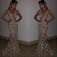 Wholesale Sexy Design Mermaid Deep V neck Floor length Long Prom Dresses Sequined Crystal Modest Women Evening Party Gowns Low Bacl
