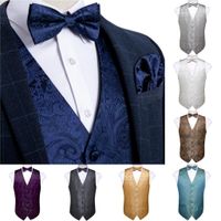 Wholesale Men s Vest Navy Blue Paisley Silk Wedding Vest For Men Bowtie Hanky Cufflink Cravat Set for Suit Tuxedo DiBanGu New Designer CX200623