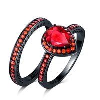 Wholesale never fade double heart trendy design shape red Cubic Zirconia Rings Sets black gold filled Party Wedding Anel Women Gift