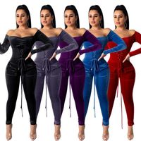 Wholesale women Sexy Velvet Jumpsuits Off Shoulder Bandage long sleeve Skinny pants Overall Rompers Fall Winter Party Night club plus size Clothing