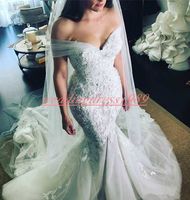 Wholesale Stunning Off The Shoulder african Mermaid Wedding Dresses Lace Applique Plus Size Trumpt Country Bridal Gown Train Bride Dress Custom Made