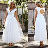 Wholesale Simple White Short Wedding Dresses Tea Length Boho V Neck Lace Open Back Beach Bohemian Wedding Dresses Plus Size Fall matrimonio