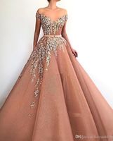 Wholesale New Luxury A Line Prom Dresses Off Shoulder Tulle Appliques Beaded Cap Sleeves Open Back Pleats Floor Length Party Gowns Evening Dress