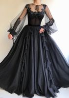 Wholesale 2019 Black Gothic Wedding Dresses With Long Sleeves Ball Gown Non White Black Bridal Gowns For Non Traditional Wedding Custom Made