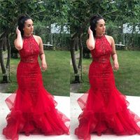 Wholesale Cheap Halter Mermaid Appliques and Beads Evening Dresses With Ruffled Tulle Prom Formal Dress Sleeveless Pageant Gowns