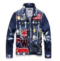Wholesale Hi Street Men s Fashion Denim Jacket UK Flag Embroidery Painted Denim Jacket Streetwear Coat for Male