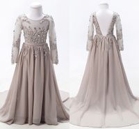 Wholesale Silver Chiffon Embroidery Crystal Girls Pageant Dresses Real Pictures Long Sleeve Backless First Holy Communion Dress Flower Girl Dress