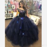 Wholesale Shiny Dark Navy Blue Ball Gown Quinceanera Dresses Scoop Neck Appliques Sequin Bead Tiered Prom Dress Sweep Train Tulle Pageant Gowns