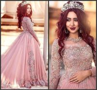 Wholesale Long Sleeves Evening Dresses Princess Muslim Beaded Illusion Puffy Court Train Prom Red Carpet Gowns Custom Vestidos De Fiesta