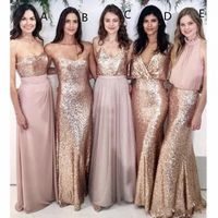 Wholesale Modest Blush Pink Bridesmaid Dresses Beach Wedding with Rose Gold Sequin Mismatched Wedding Maid of Honor Gowns Women Party Wear