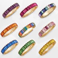 Wholesale New Gold filled fully jewelled Rainbow colorful multi colorcubic zirconia Eternity square baguette Finger ring Colors