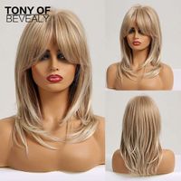 Wholesale long wavy ash blonde layered with bangs heat resistant synthetic for afro women daily cosplay natural hair wigs