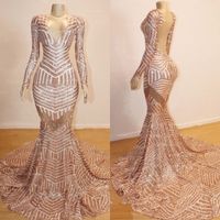 Wholesale Sparkly Rose Gold Mermaid Long Sleeve Prom Dresses Modest V neck Luxury Sequins Fishtail African Sexy Occasion Evening Formal Gowns