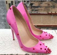 Wholesale Pink rivet Patent leather Women s high heel shoes cm cm cm pumps big small size euro34 to Cusp stiletto heesl Pointed Toes Nightclub dance Red bottom