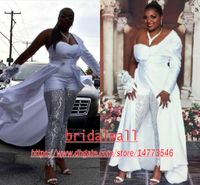 Wholesale Women Jumpsuits Modest Plus Size One Shoulder Sequined Lace Wedding Dresses Detachable Train African Bridal Gowns Formal Reception Wear
