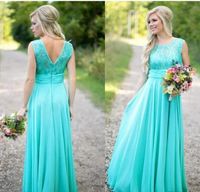 Wholesale Country Style Turquoise Bridesmaid Dresses Scoop Lace Chiffon V Backless Long Plus Size Maid of Honor Dresses Maxi Wedding Party Gowns